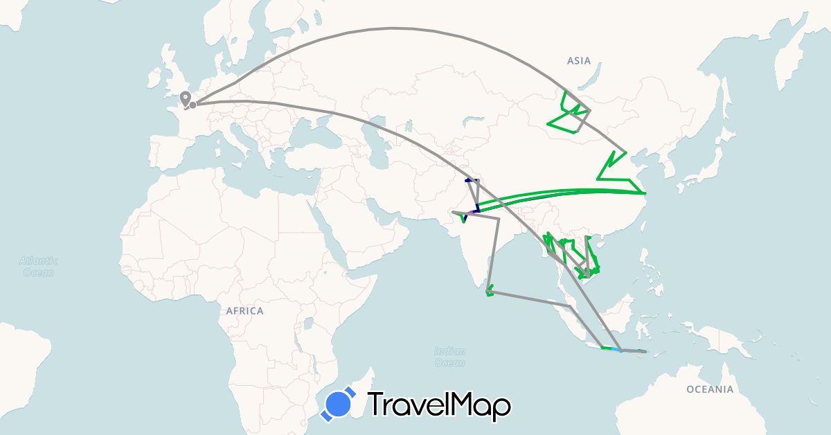 TravelMap itinerary: driving, bus, plane, train, boat in China, Germany, France, Indonesia, India, Cambodia, Laos, Sri Lanka, Myanmar (Burma), Mongolia, Malaysia, Thailand, Ukraine, Vietnam (Asia, Europe)